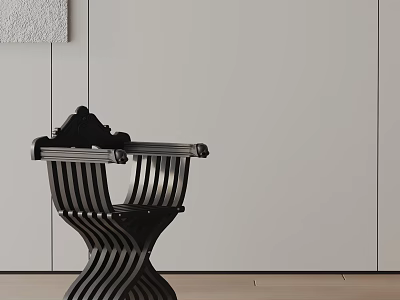 Modern Black Dining Chair with Striped Backrest and Seat Against Light Wall and Wooden Floor 3d model