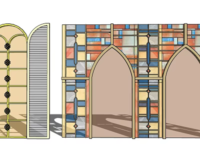 Stained Glass Arched Windows With Colorful Patterns And Decorative Frames 3d model