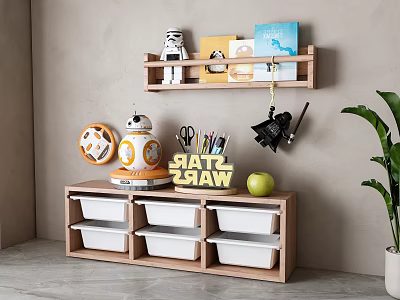Wooden Storage Cabinet With Shelves Holding Star Wars Figurines Books Stationery And White Drawers 3d model