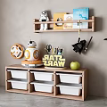 Wooden Storage Cabinet With Shelves Holding Star Wars Figurines Books Stationery And White Drawers