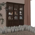 Wooden Bookcase With Glass Doors Holding Books Decorative Items And Plant By Curtain