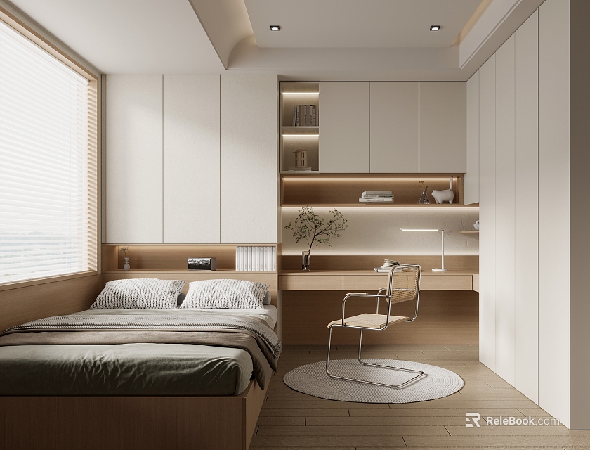 Tatami Bedroom Interior Design With Modern Tatami Bed Bookshelf Desk Chair And Window 3d model 