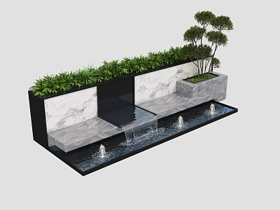 Modern Garden Ornament with Green Plants Small Trees Marble and Water Feature Design 3d model