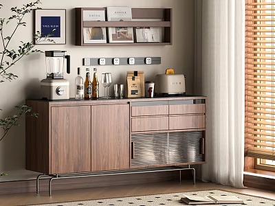 Elegant Wooden Sideboard With Glass Doors Drawers Coffee Machine Bottles And Window Blinds 3d model