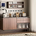 Elegant Wooden Sideboard With Glass Doors Drawers Coffee Machine Bottles And Window Blinds