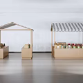 Wooden Retail Booths With Striped Awnings Displaying Various Merchandise On Shelves