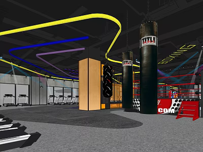 Modern Fitness Gym With Colorful Lights Treadmills Punching Bags And Boxing Ring 3d model