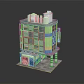 Colorful Cartoon Multi Story Building With Grid Windows Ground Floor Shop Front And Decorative Columns