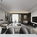 Modern Living And Dining Room With Sofa Coffee Table TV And Floor To Ceiling Windows