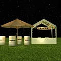Starry Night Sky Over Green Grass With White Tent Stall Lights Brown Umbrella And Barrels