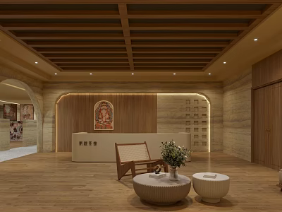 Elegant Hotel Lobby Interior With Wooden Ceiling Arched Doorway Reception Desk And Green Plant Decor 3d model