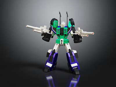 Green White Purple Robot Action Figure With Dual Guns In Standing Pose 3d model