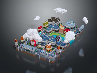 Cartoon Town Scene With Colorful Buildings White Clouds Small Houses And Green Areas 3d model