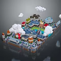 Cartoon Town Scene With Colorful Buildings White Clouds Small Houses And Green Areas