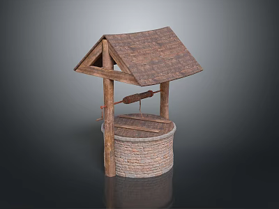 Traditional Well Building With Wooden Shingle Roof Brick Base And Wooden Frame Pulley 3d model