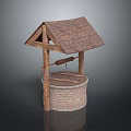 Traditional Well Building With Wooden Shingle Roof Brick Base And Wooden Frame Pulley