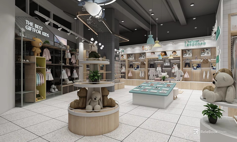 Modern Department Store Kids Section with Clothing Racks Teddy Bears and Display Tables Plants 3d model 