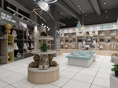 Modern Department Store Kids Section with Clothing Racks Teddy Bears and Display Tables Plants 3d model