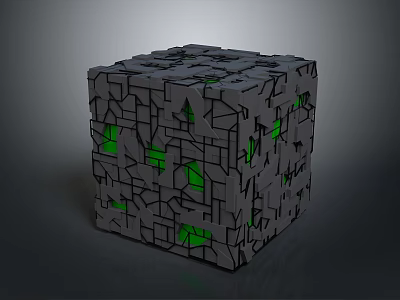 Gray Cube with Irregular Cracked Surface and Green Light Glowing 3d model