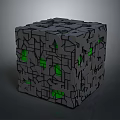 Gray Cube with Irregular Cracked Surface and Green Light Glowing