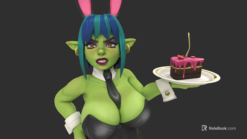 Woman with Green Skin Blue Green Hair and Bunny Ears Holding Cake with Pink Decoration 3d model 