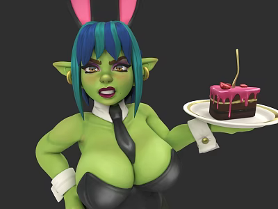 Woman with Green Skin Blue Green Hair and Bunny Ears Holding Cake with Pink Decoration 3d model