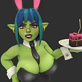 Woman with Green Skin Blue Green Hair and Bunny Ears Holding Cake with Pink Decoration