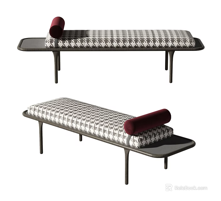 Modern Ottoman With Houndstooth Pattern Red Cushion And Black Metal Legs 3d model 