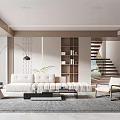 Modern Minimalist Living Room Interior With White Sofa Floor Lamp Bookshelf And Staircase
