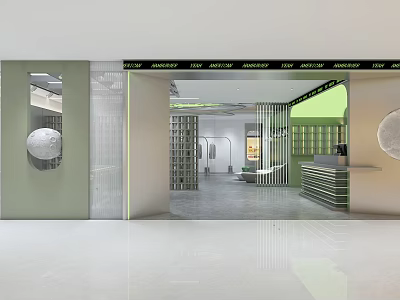 Contemporary Clothing Store Interior With Glass Doors Display Racks Green Walls And Bright Lighting 3d model