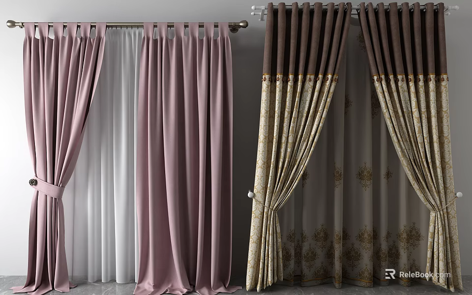Elegant Curtain Styles With Pink White And Brown Gold Patterned Fabrics 3d model 