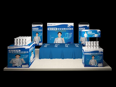 Display Shelves With Blue Tablecloth Product Boxes And Background Advertising Boards 3d model