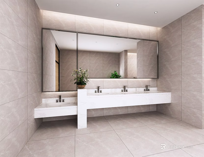 Modern Public Restroom Interior With Marble Walls Double Sinks Large Mirror And Potted Plants 3d model 