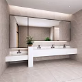 Modern Public Restroom Interior With Marble Walls Double Sinks Large Mirror And Potted Plants