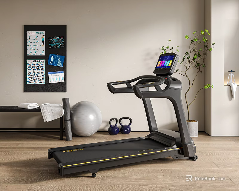 Indoor Treadmill with Digital Display Exercise Ball and Kettlebells in Home Gym Setup 3d model 