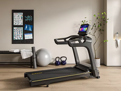 Indoor Treadmill with Digital Display Exercise Ball and Kettlebells in Home Gym Setup 3d model
