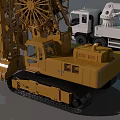 Yellow Large Crawler Crane With Complex Structure And White Truck Parked Beside