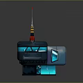 Cartoon Robot With Blue Black Body Yellow Striped Antenna Red Accents Green Lights Futuristic Design