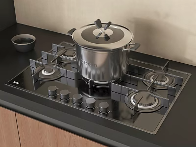 Kitchen Cookware Setup With Stainless Steel Pot On Black Gas Stove And Wooden Cabinets 3d model