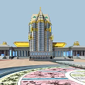 Architectural Model Of Grand Building With Golden Tower Roof Square And Water Channel