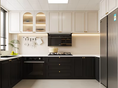 Stylish Modern Kitchen Interior With White Cabinets Black Appliances And Countertop 3d model