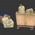 Vintage Household Supplies With Wheeled Cart Wooden Box Sacks Cloths And Lantern