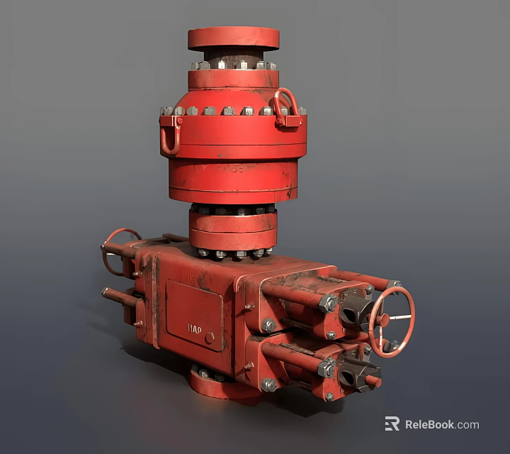 Red Industrial Mechanical Valve With Heavy Duty Metal Components And Control Handles 3d model 
