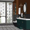 Modern Bathroom Interior With Green Vanity White Tiled Floor Round Mirror And Glass Shower