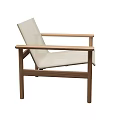 Modern Outdoor Chair With Wooden Frame Armrests And Light Colored Seat