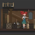 Cartoon Scene With Girl Red Curly Hair Green Skirt Small Puppy Wooden Crates And Staircase