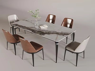 Light Luxury Rock Board Dining Table and Chair Rectangular Marble Dining Table Solid Wood Backrest Dining Chair Leather Dining Chair 3d model