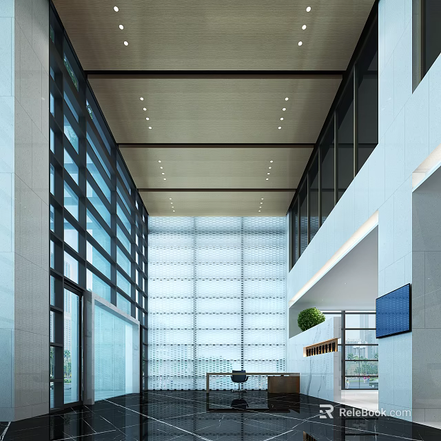 Modern Service Hall Interior With Spacious Layout Large Glass Windows And Bright Lighting 3d model 