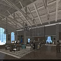 Luxurious Sales Office Interior With Arched Windows Chandeliers Wooden Ceiling And Furniture