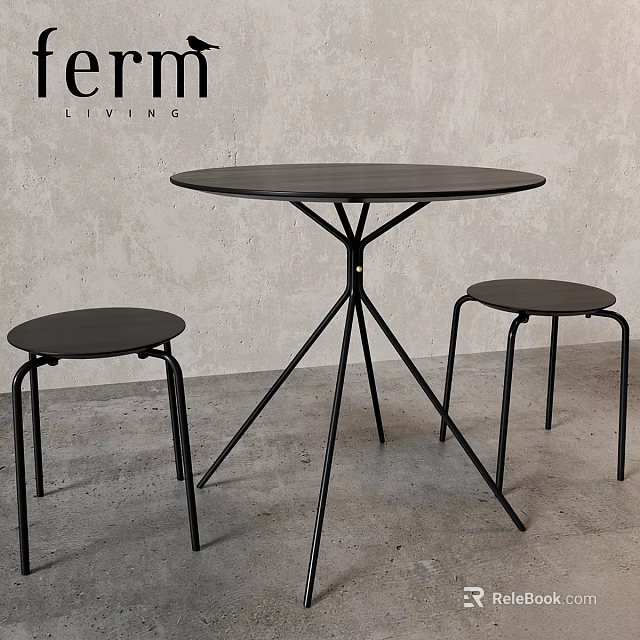 Modern Minimalist Black Round Table with Metal Legs and Stools Set 3d model 